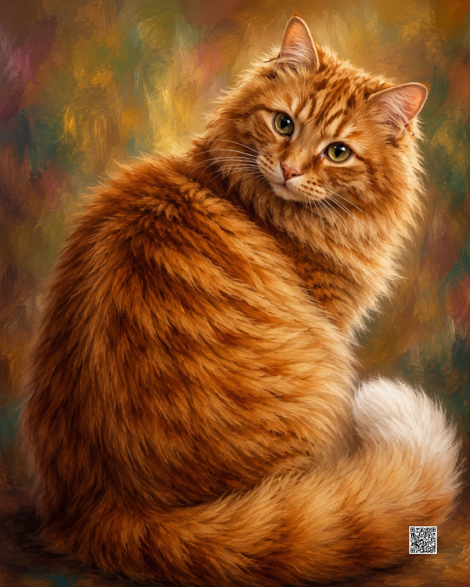 Affectionate Angie tail portrait with a discreet QR memory code.