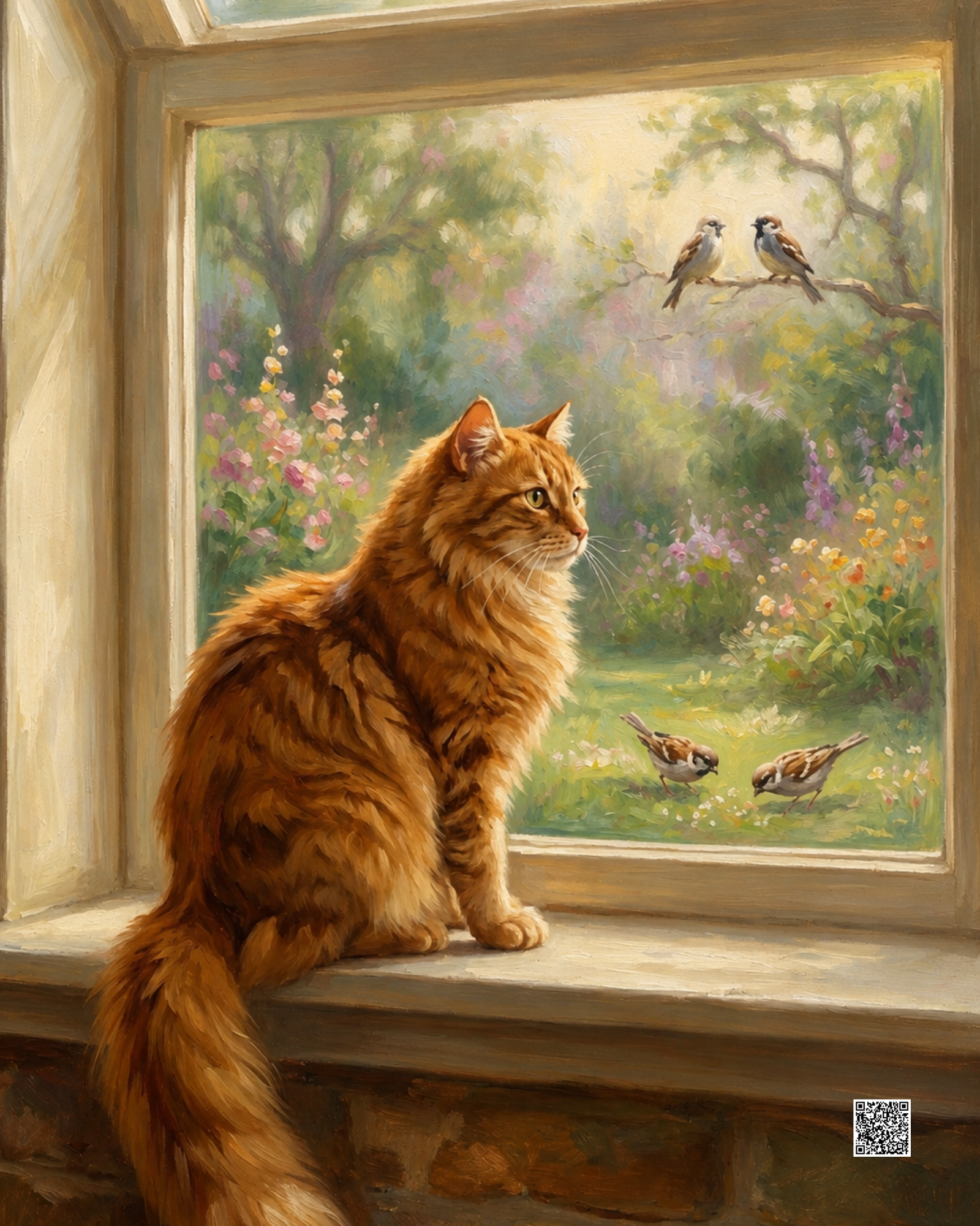 Watchful Angie bird-window portrait with a discreet QR memory code.