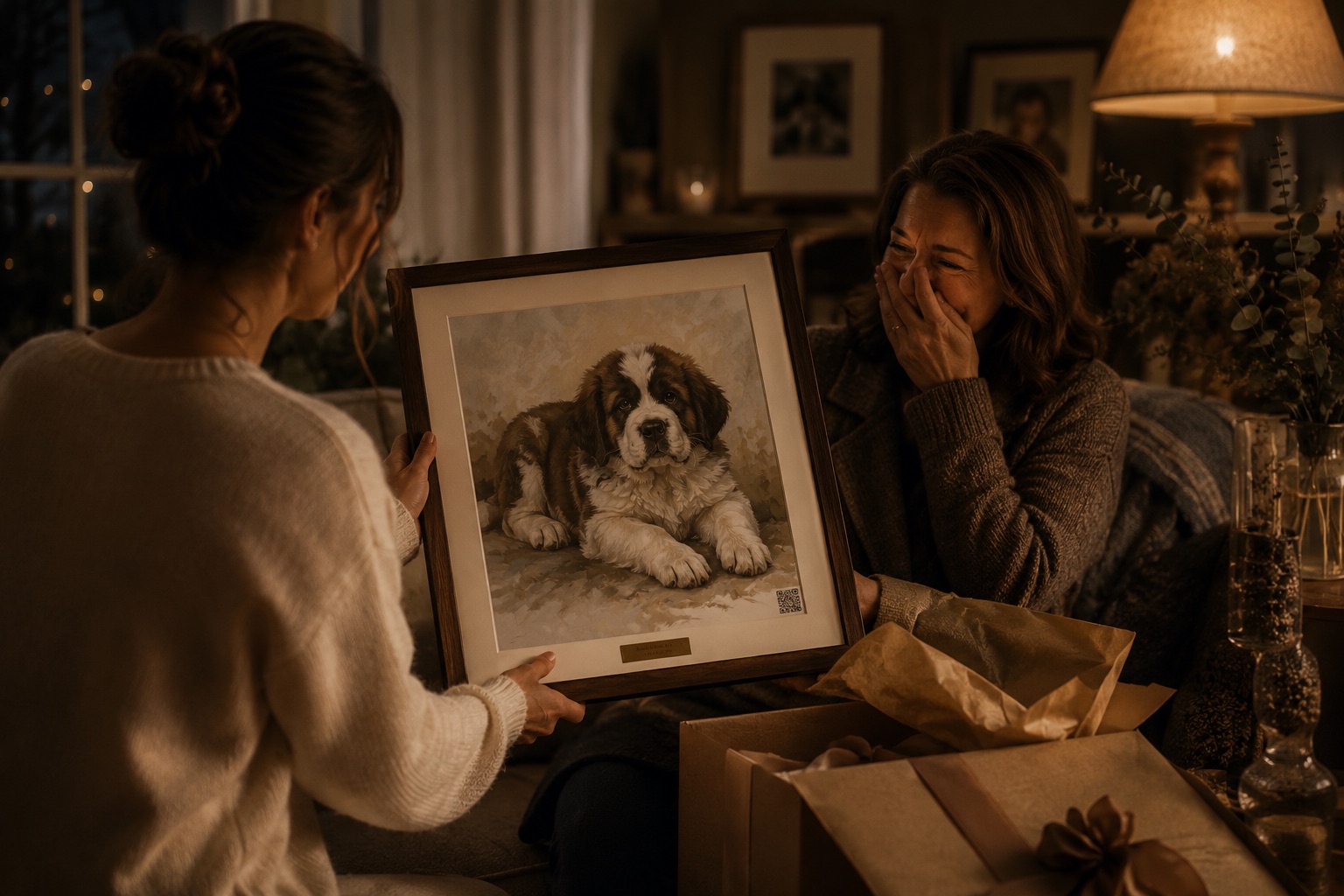 A framed pet portrait arranged as a warm gift in a refined home.