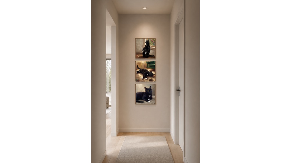 Three framed black cat portraits in a warm interior.