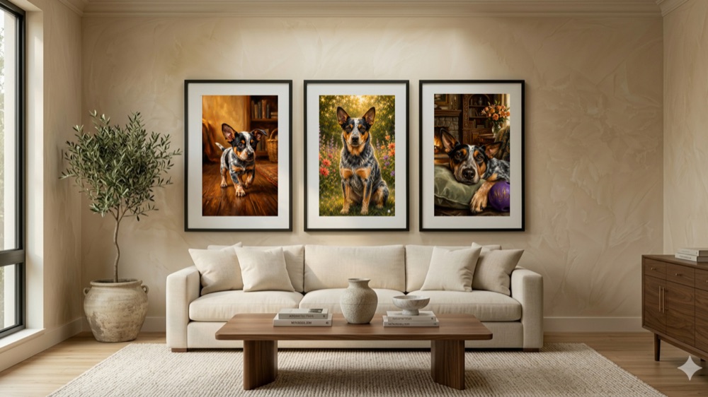 A framed dog portrait with a QR code in a warm room.