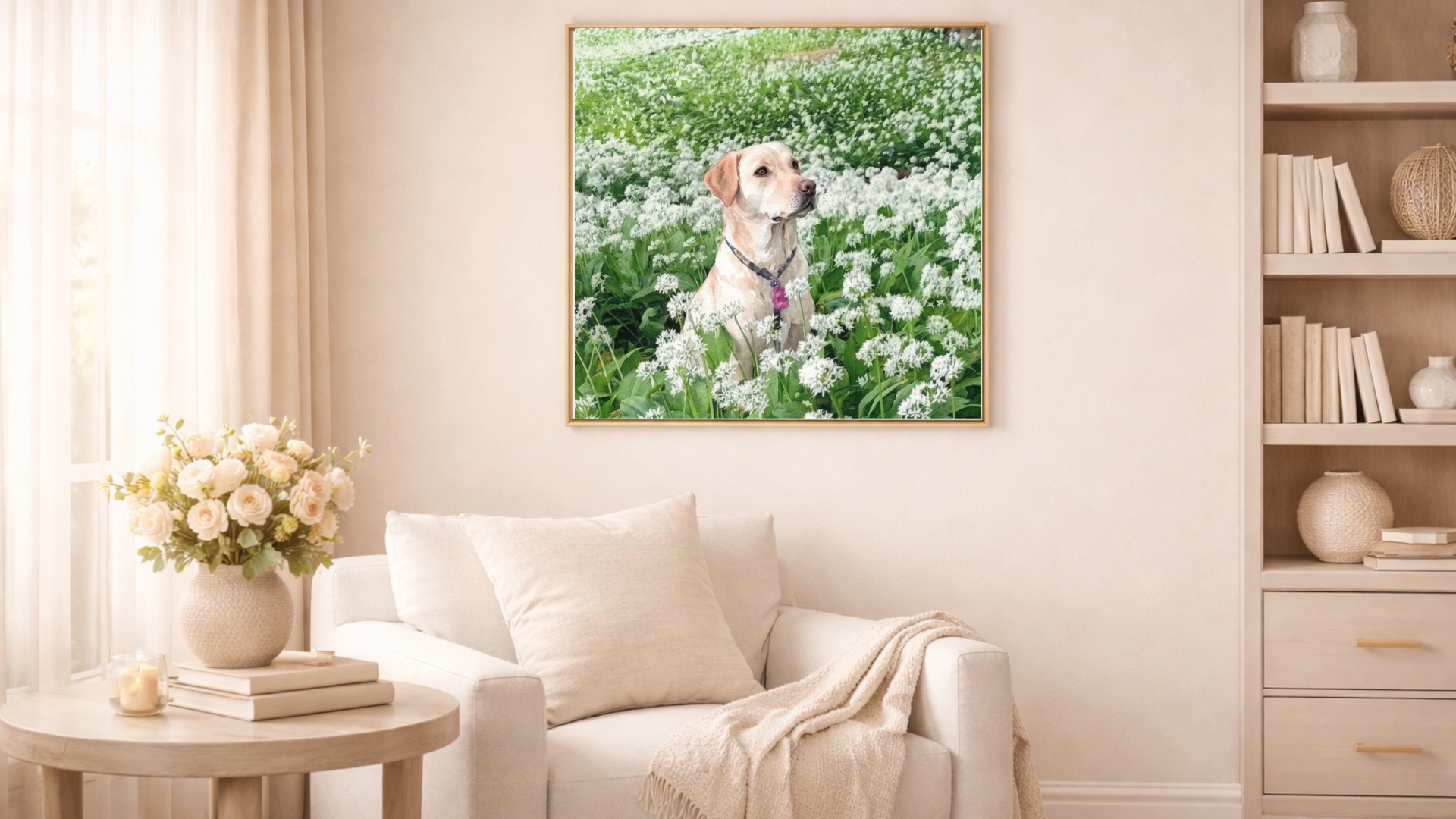 A single dog portrait with a green floral background in a quiet room.