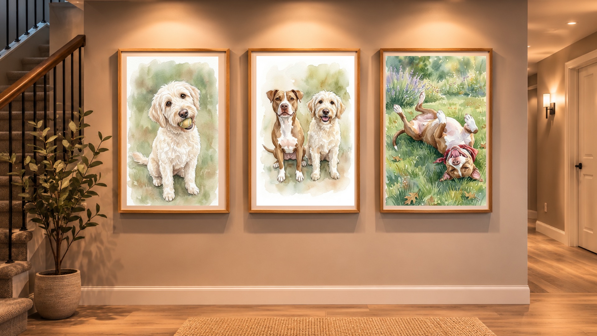 A happy dog hallway portrait displayed in a bright home.
