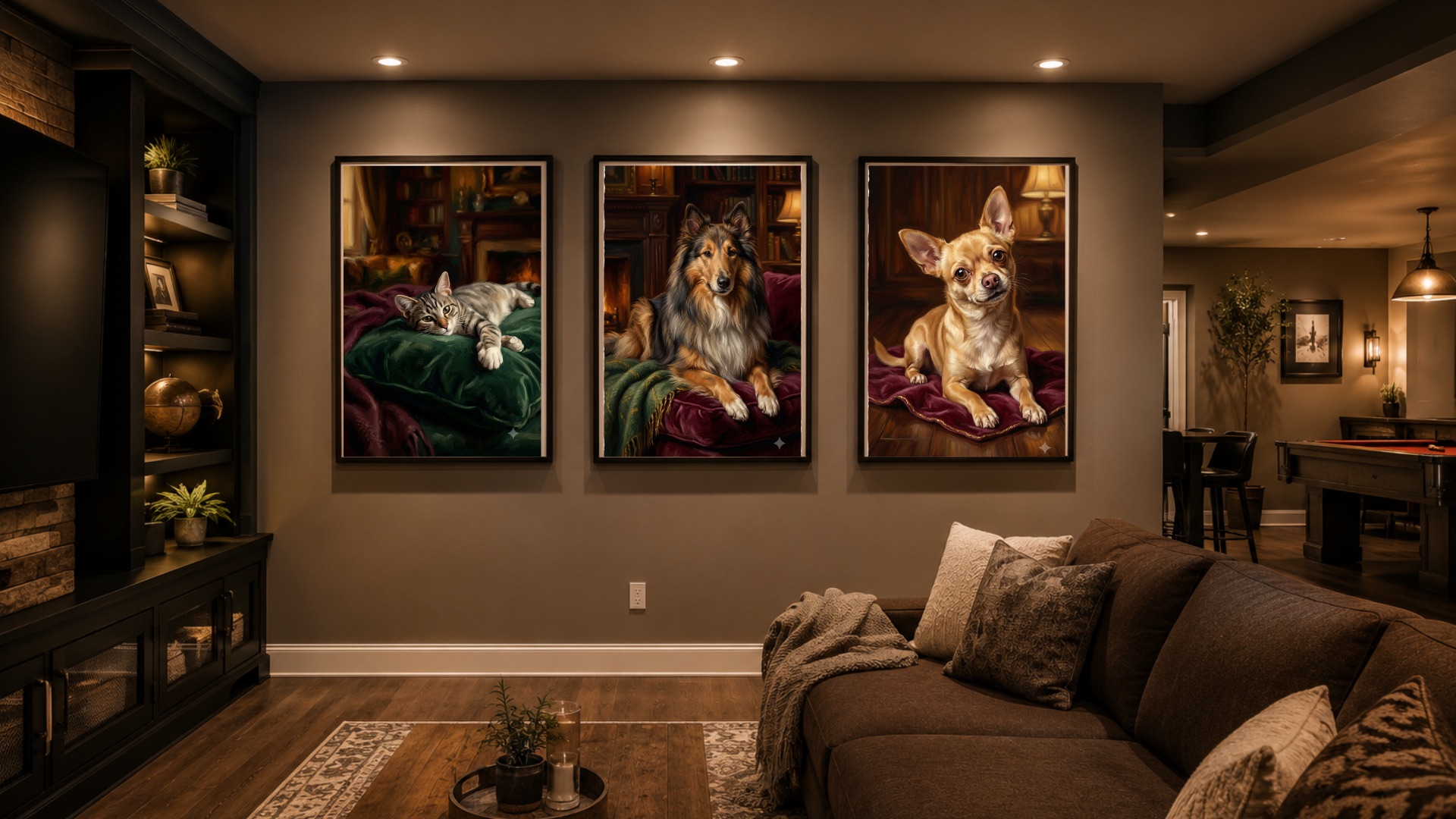 A darker basement living room with pet portraits creating a grounded emotional atmosphere.