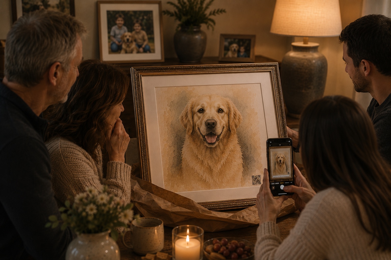 A framed pet portrait displayed as an intimate gift in a real home.