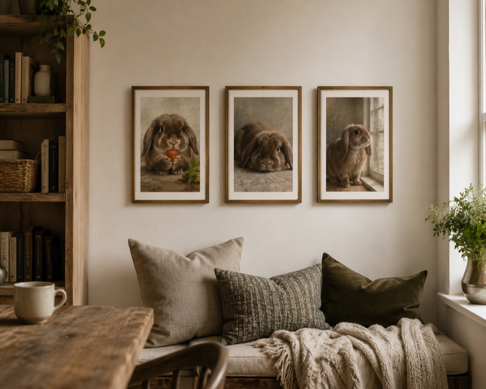 A framed rabbit portrait in a softly lit home.