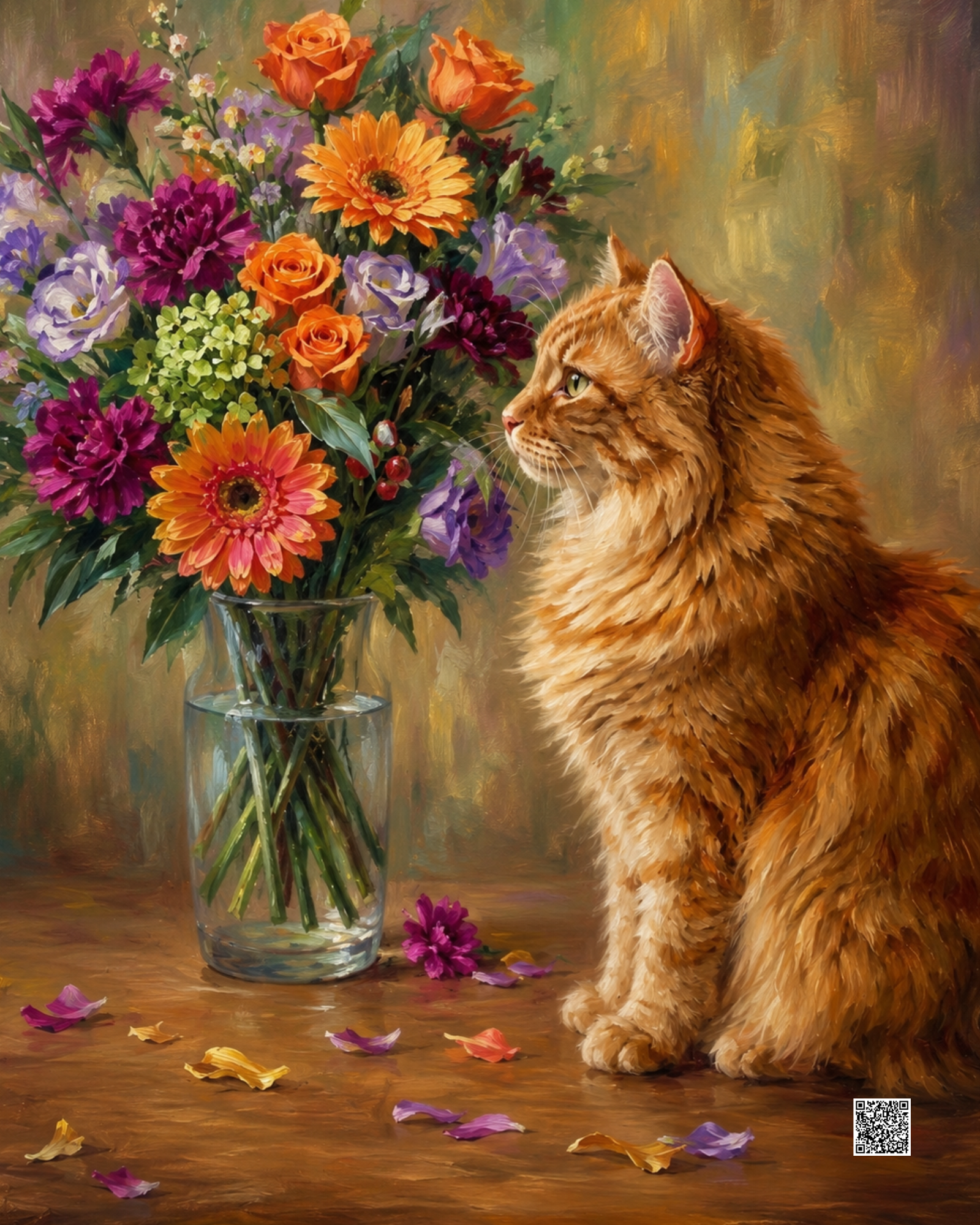 Playful Angie flower vase portrait with a discreet QR memory code.